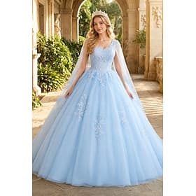 Ball Gown Floor Length Prom Dresses Princess Puffy Short Sleeve V Neck Performance Sweet 16 Tulle with Appliques
