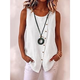 Women's Linen-feel Shirts Solid Color Bohemia Vacation Daily Sleeveless Long Tops Casual White Summer Spring