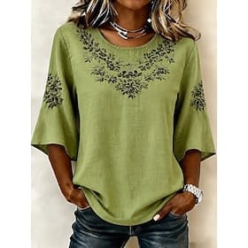 Women's Blouse Print Floral Graphic Bohemia Vintage Tropical 3/4 Length Sleeve Crew Neck Long Tops Casual Daily Vacation Wear Green Summer Spring
