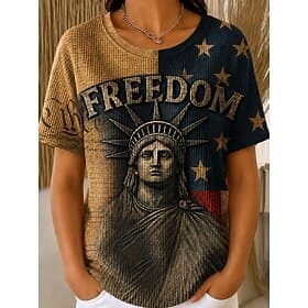 American Independence Day Women's Waffle T-shirt Textured Knit Tops Floral Graphic Letter Stylish Classic Short Sleeve Crew Neck Regular Tops Casual Daily Khak
