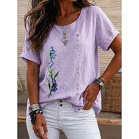 Women's Blouse Buttons Ombre Floral Graphic Elegant Vintage Daily Short Sleeve Crew Neck Long Tops Casual Daily Holiday Light Purple Summer Spring