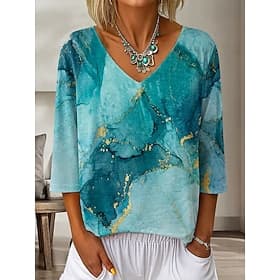 Femmes Chemise Graphique Marbre Bohème ancien Mode Manche 3/4 Col en V Hauts Réguliers Occasionnel Quotidien Sortir Bleu Kaki Vert Été Printemps