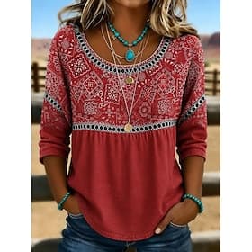 Women's Shirt Eyelet Top Casual Shirt Patchwork Buttons Print Elegant Bohemia Vacation Long Sleeve Crew Neck Regular Tops Casual Blue Light Green Red Green Sum