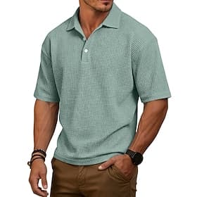 Men's Waffle Polo Shirts Textured Casual Street Lapel Short Sleeve Basic Modern Plain Lightweight Buttons Summer Spring Loose Fit Blue Black White Light Green