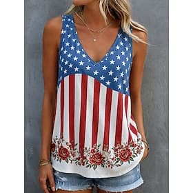 American Independence Day Women's Tank Graphic American Flag Fashion Sleeveless V Neck Regular Tops Casual Daily Beach Wear Blue Black Summer Spring