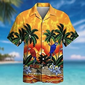 Men's Parrot Coconut Palm Tropical Plants Summer Hawaiian Shirt Tropical Shirts Aloha Shirt Short Sleeve Hawaiian Daily Beach Vacation Wear Summer Spring Turnd
