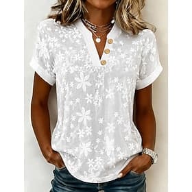 Women's Shirt Floral Graphic Elegant Bohemia Vacation Short Sleeve V Neck Crop Tops Casual Blue Black White Khaki Summer Spring