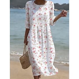 Femmes Robe Midi Robe d'Été Vacances Occasionnel Boho Plage Fête Coupe régulière Fleuri Graphique Manche 3/4 Col ras du cou Blanche Rose Claire Rose poussiéreu