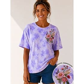 Women's 100% Cotton Embroidered T-shirt Embroidered Floral Graphic Vintage Metallic Classic Short Sleeve Crew Neck Regular Tops Casual Daily Weekend Purple Sum