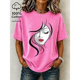 Women's 100% Cotton Vintage Washed Tops Print Graphic Abstract Stylish Basic Casual Short Sleeve Crew Neck Regular Tops Casual Daily Blue Pink Purple Green Sum