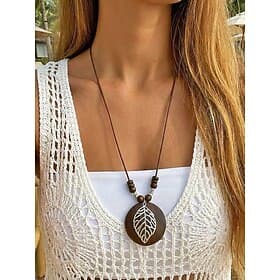 Lange Boho-Halskette mit Anhänger für Damen – Vintage-Holz Pulloverkette aus Legierung mit Perlen und Blatt Lebensbaum-Anhänger für den Sommerurlaub am Strand,