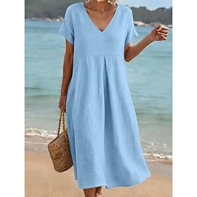 Mulheres Vestido no Joelho Vestidos Para o Verão Vestido casual Férias Casual Boho Praia Festa Encontro Ajuste Largo Tecido Manga Curta Decote V Azul Preto Ros