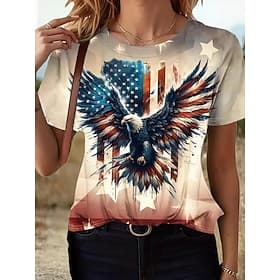 Amerikansk uafhængighedsdag Dame T-shirt Trykt mønster Grafisk Amerikansk flag Årgang Mode Afslappet Kortærmet Rund hals Lange toppe Afslappet Daglig Weekend K