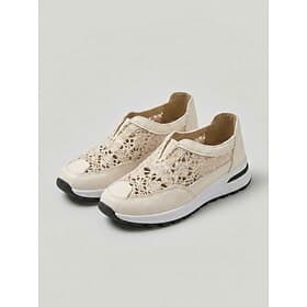 Women's Beige Crochet Slip-On Sneakers - Breathable Casual Platform Shoes for Summer Travel, Everyday Wear  Walking