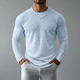 Homme T-shirt en lin manche longue Col ras du cou Printemps  Été Été Printemps Couleur Unie Uni ancien Bohème Occasionnel Transparent Bord écru Occasionnel Vac