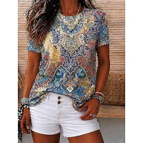 Women's T Shirt Print Floral Graphic Geometric Vintage Stylish Casual Short Sleeve V Neck Regular Tops Casual Daily Weekend Blue Light Green Dark Green Summer