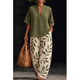 Femmes Chemise Ensembles en coton et lin Ensembles de Pantalons Manche Courte Col en V Fleuri Graphique Géométrique Imprimé Vacances Mode Streetwear Occasionne