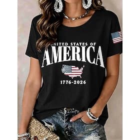 American Independence Day Women's T Shirt Print Graphic Flag Letter Vintage Fashion Stylish Short Sleeve Crew Neck Regular Tops Casual Daily Weekend Blue Black
