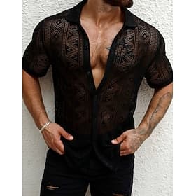 Men Shirt Casual Shirt Button Up Shirt Jacquard Shirt Black Short Sleeve Plain Shirt Collar Casual Daily Lace Clothing Apparel Elegant Fashion Casual