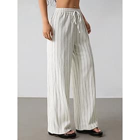 Women's Wide Leg Casual Full Length Medium Waist Color Block Drawstring Comfortable Micro-elastic Vacation dark brown Black White Pink Spring Loose Fit