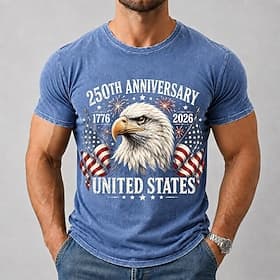 4th of July 2026 250th Men's Eagle American Flag Acid Wash Shirt Heavyweight T-shirt Short Sleeve T shirt DTG Crew Neck Shirt Patriotic Street Holiday Blue Bla