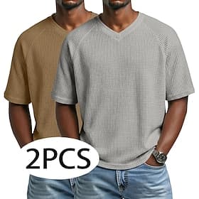 Herren 2-teiliges Waffel-T-Shirt-Set, Kurzarm, V-Ausschnitt, Sommer, einfarbig, modisches Designerstück, lässig, Raglanärmel, hellblau, schwarz, weiß, für Outd