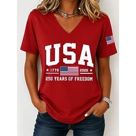 Amerikanischer Unabhängigkeitstag Damen T Shirt Druck Grafik Buchstabe Amerikanische Flagge Vintage Stilvoll Klassisch Kurzarm V Ausschnitt Normale Oberteile L