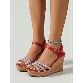 Sandali con zeppa da donna rossi con strass - scarpe con plateau scintillanti con cinturini multipli e suola in sughero fibbia alla caviglia per vacanze all'ar