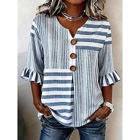 Women's Shirt Boho Shirt Casual Shirt Graphic Striped Elegant Bohemia Active 3/4 Length Sleeve V Neck Long Tops Casual White and Blue blackwhitegreen Dark Blue