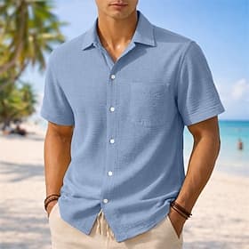 Homme Chemise Texture Chemise Décontractée Chemise en crépon Chemise Boutonnée Bleu Noir Blanche Rose Claire Rouge Bordeaux Manche Courte Uni Col cubain Occasi