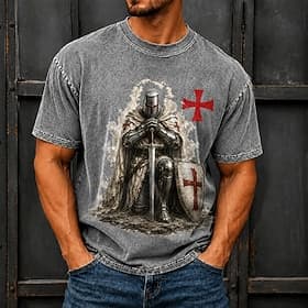Men's Knights Templar Crusaders Acid Wash Shirt Heavyweight T-shirt Short Sleeve T shirt DTG Crew Neck Shirt Fashion Daily Retro Vintage Street Holiday Blue Bl