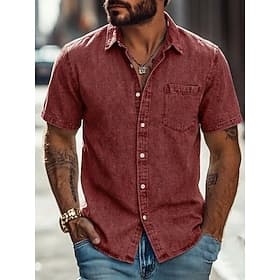 Men Shirt Casual Shirt Button Up Shirt 100% Cotton Acid Wash Shirt Blue Black Red Navy Blue Purple Short Sleeve Plain Lapel Casual Daily Front Pocket Clothing