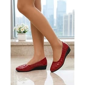 Women's Red Croc-Embossed Flats - Comfortable Round Toe Office Shoes with Low Wedge Heel  Anti-Slip Sole for Professional Work, Meetings  Daily Commute