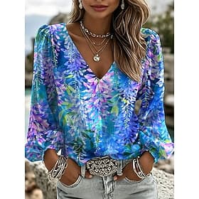 Women's Shirt Print Floral Graphic Bohemia Vacation Vintage Long Sleeve Lantern Sleeve V Neck Regular Tops Casual Daily Going out Blue Purple Green Summer Spri