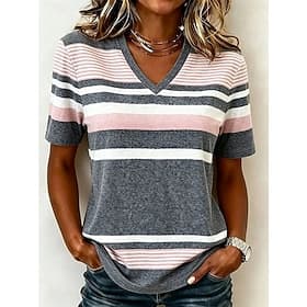 Women's T Shirt Print Striped Stylish Casual Short Sleeve V Neck Long Tops Daily Brown And White Black and White Dusty Rose Gray Summer Spring Fall Winter