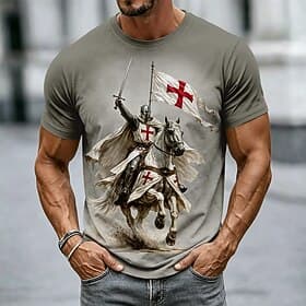 Men's Horse Knights Templar Crusaders Cross T Shirt Short Sleeve T shirt 3D Print Crew Neck Shirt Religious Street Dark Party Black Khaki All Seasons Clothing