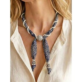 Women's Bohemian Scarf Necklace with Pearl Wrap, Paisley Fabric Statement Jewelry for Resort Vacation, Boutique Casual and Artisan Fashion Style