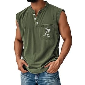 Herren Hemd aus 100 % Baumwolle in Säurewaschung Ärmelloses Shirt Ärmellos Henley Sommer Kokospalme Lässig Stückgefärbt Verblasst Vintage-Waschung Lässig Tägli