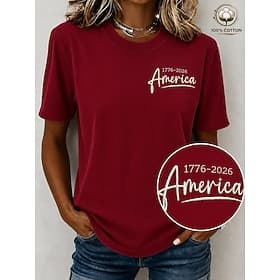 American Independence Day Women's 100% Cotton Embroidered Elegant T Shirt Cotton Shirt Vintage Fashion Short Sleeve Crew Neck Round Neck Regular Tops Casual Da