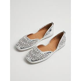 Women's Silver Dress Shoes - Metallic Square Toe D'Orsay Flats with Sparkly Crystal Rhinestones for Cocktail Party, Evening Prom  Wedding Gues
