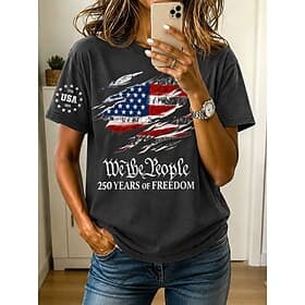 American Independence Day Women's T Shirt Graphic Flag Letter Vintage Fashion Stylish Short Sleeve Crew Neck Regular Tops Casual Daily Blue Purple Green Gray S