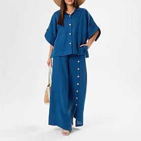 Women's Shirt Pants Sets Half Sleeve Hooded Solid Color Elegant Vacation Fashion Casual Daily Blue khaki Dark Blue Spring Loose Fit