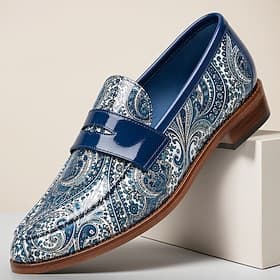 Men's Blue Paisley Penny Loafers Slip-On Statement Dress Shoes Glossy Strap Gentleman Footwear for Weddings, Banquets, Parties and Refined Evening Events