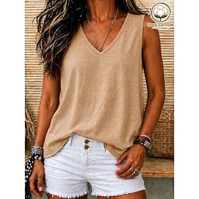 Women's Vintage Cozy 100% Cotton Sleeveless V Neck Regular Tank Top Black White Green Khaki Summer Spring