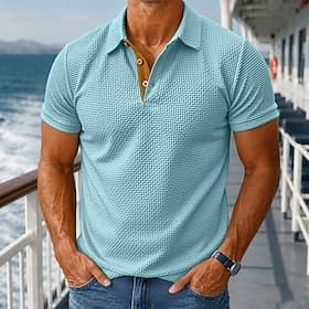 Herren Polohemd aus Eisseide-Seersucker Textur Lässig Ferien Umlegekragen Kurzarm Mode Basic Einfach Knöpfe Kühlung Frühling  Sommer Blau Schwarz Weiß Grau Pol thumbnail 2