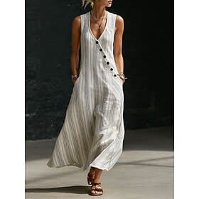 Mujer Vestido maxi Vestido de verano Vestido informal Vestido de una línea Elegante Vacaciones Playa Festivos Holgado Graphic Geométrico Raya Sin Mangas Escote