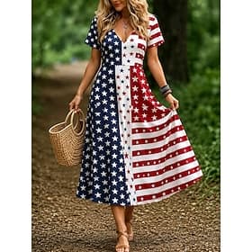 American Independence Day Women's Midi Dress Casual Dress Vacation Holiday Regular Fit Graphic Flag Short Sleeve V Neck Blue Red Summer Spring