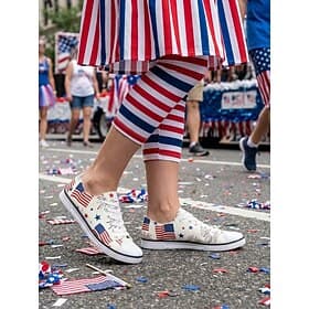 Women's White Patriotic American Flag Canvas Sneakers – Lightweight Lace-Up Walking Shoes for Independence Day, Parade, 4th of July Fireworks  USA Celebration