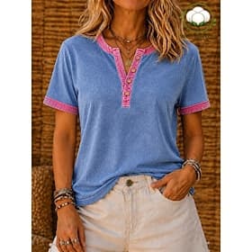 Dames Gewassen katoen 100% Katoen Lapwerk Knop Vintage Korte mouw Strakke ronde hals Normale tops blauw Blozend Roze Zomer Lente