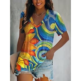 Women's T Shirt Print Color Block Sunflower Vintage Casual Boho Short Sleeve V Neck Regular Tops Daily Blue Wine Royal Blue Orange Green Summer Spring